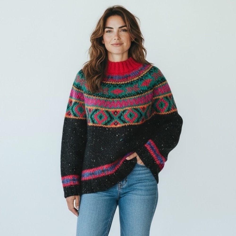 Vintage 1990 IVY Hand Knit Fair Isle Multicolor Knit Sweater